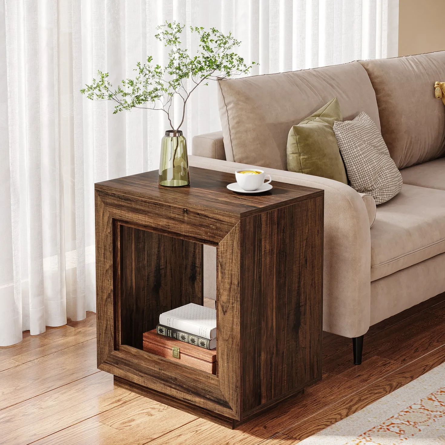 Square End Table, 2-Tier Wooden Sofa Side Table with Storage Shelf