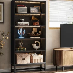 Tall Bookcase Black Bookshelf, 70.8” Large Bookcases Organizer with LED Lights