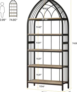 5-Tier Bookshelf, 74.8" Industrial Curved Wooden Bookcase