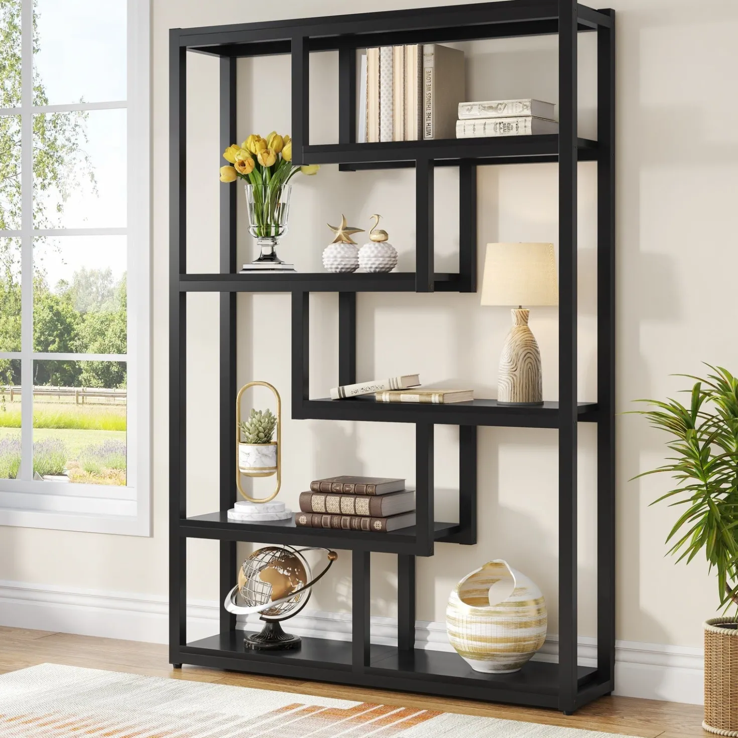 5-Tier Bookshelf, 69" Industrial Etagere Bookcase with Staggered Shelves