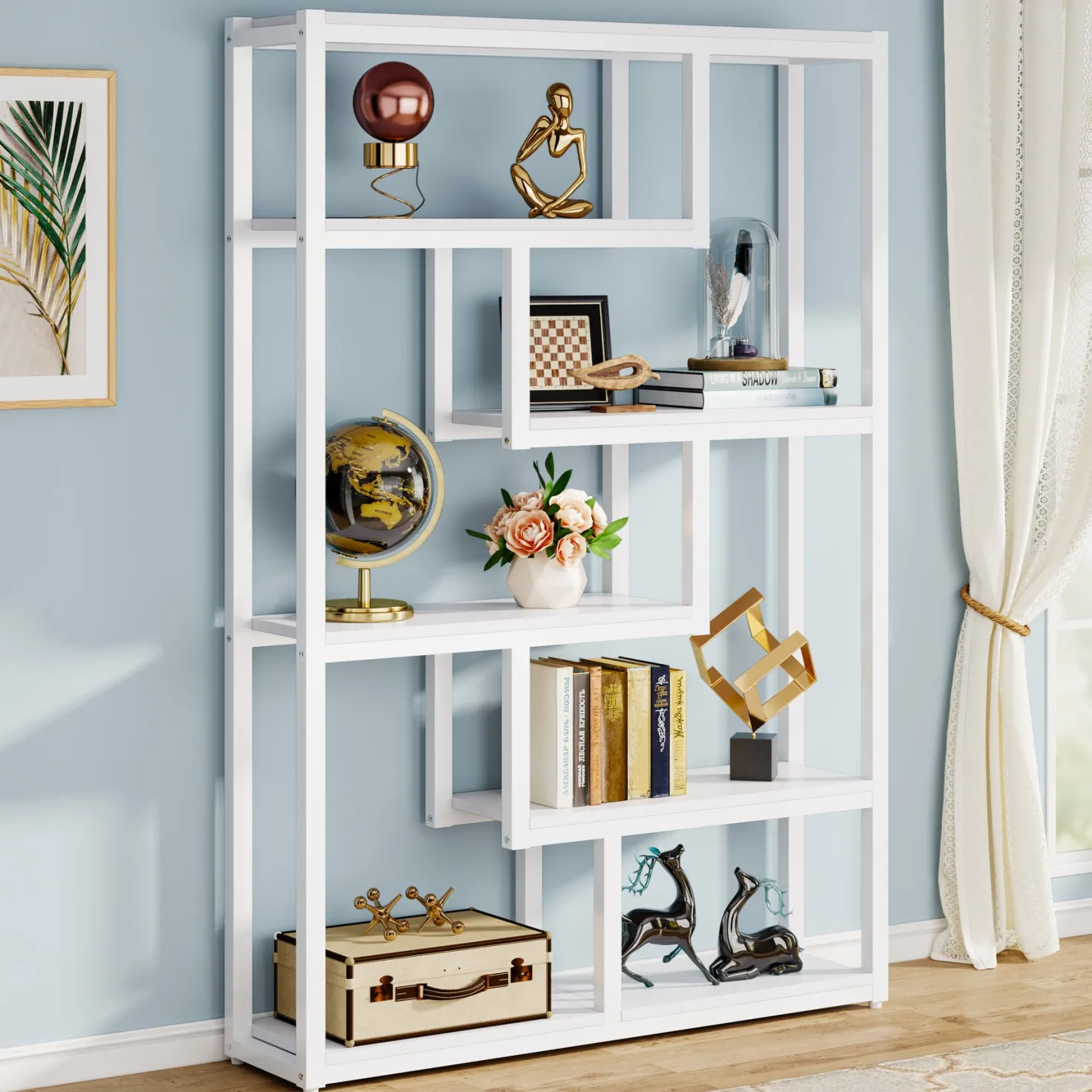5-Tier Bookshelf, 69" Industrial Etagere Bookcase with Staggered Shelves