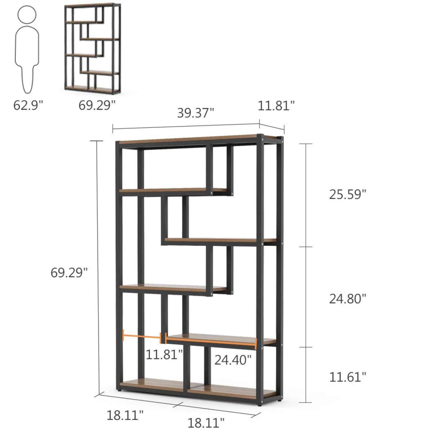 5-Tier Bookshelf, 69" Industrial Etagere Bookcase with Staggered Shelves