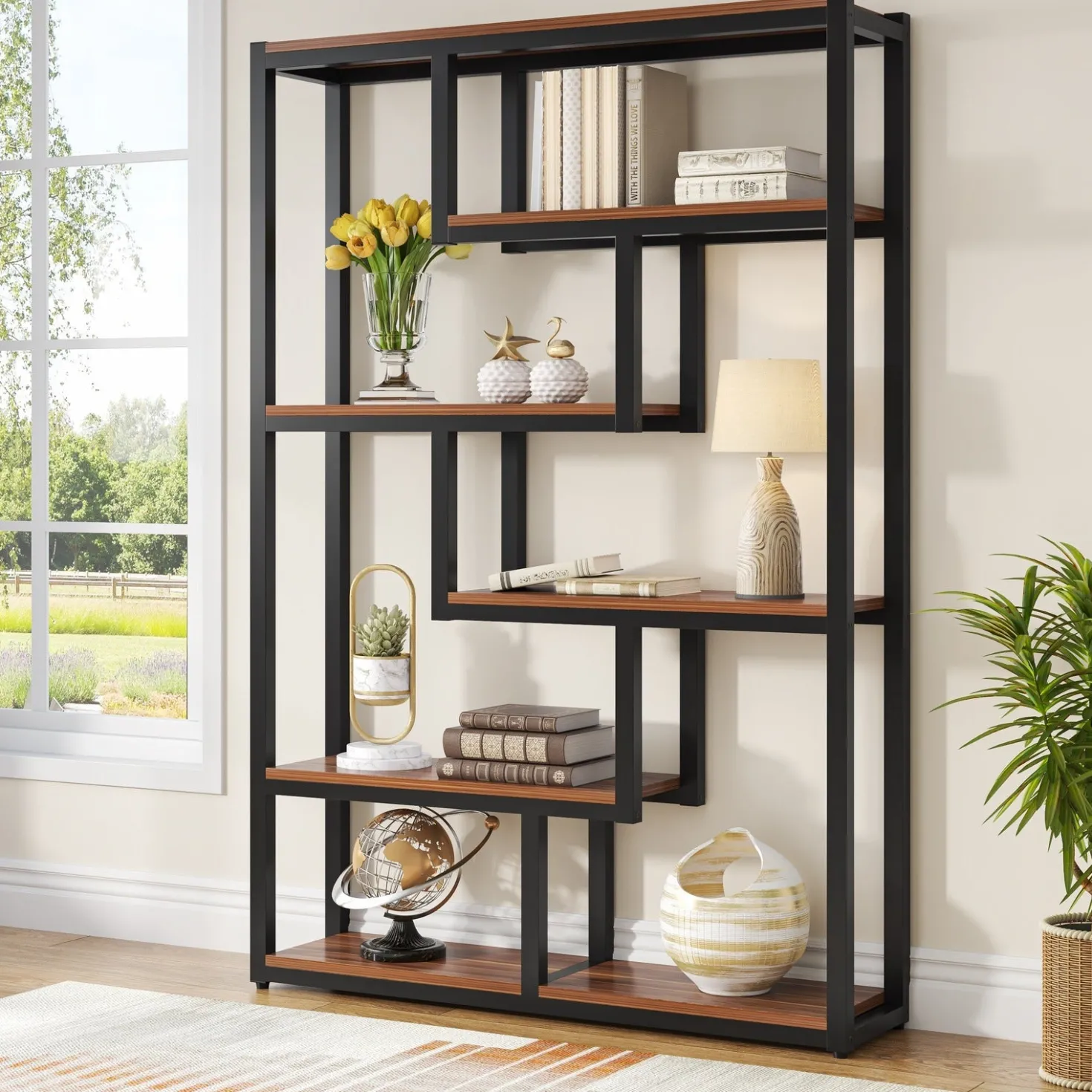 5-Tier Bookshelf, 69" Industrial Etagere Bookcase with Staggered Shelves