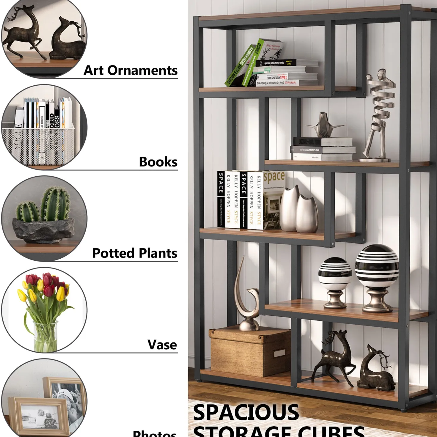 5-Tier Bookshelf, 69" Industrial Etagere Bookcase with Staggered Shelves