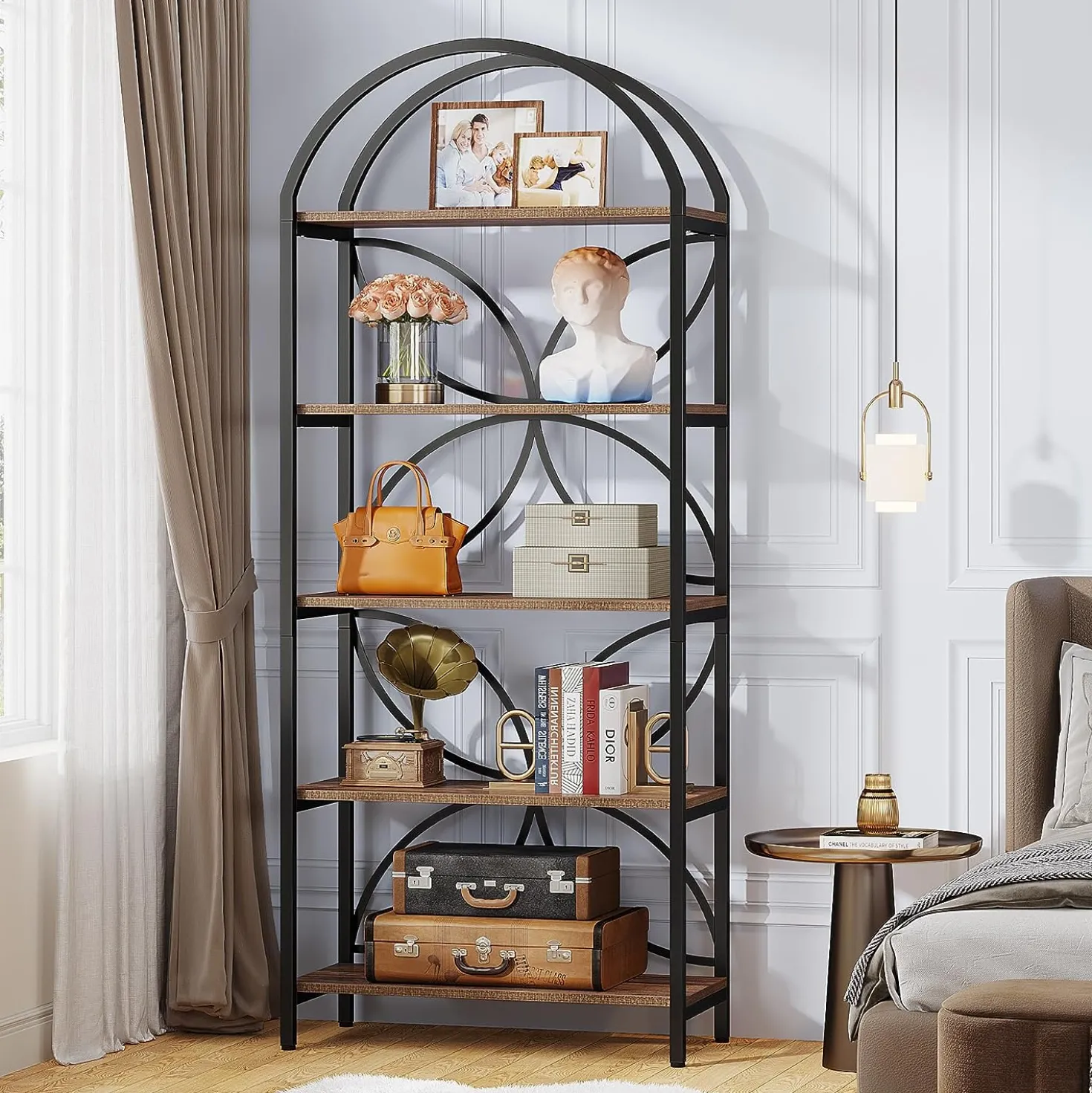 5-Tier Bookshelf, 75" Tall Arched Bookcase Display Rack