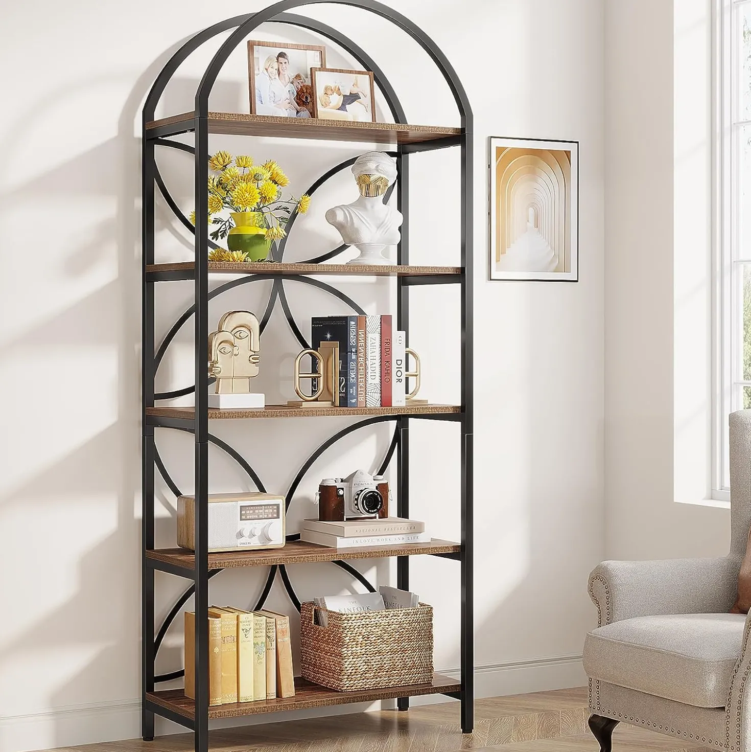 5-Tier Bookshelf, 75" Tall Arched Bookcase Display Rack