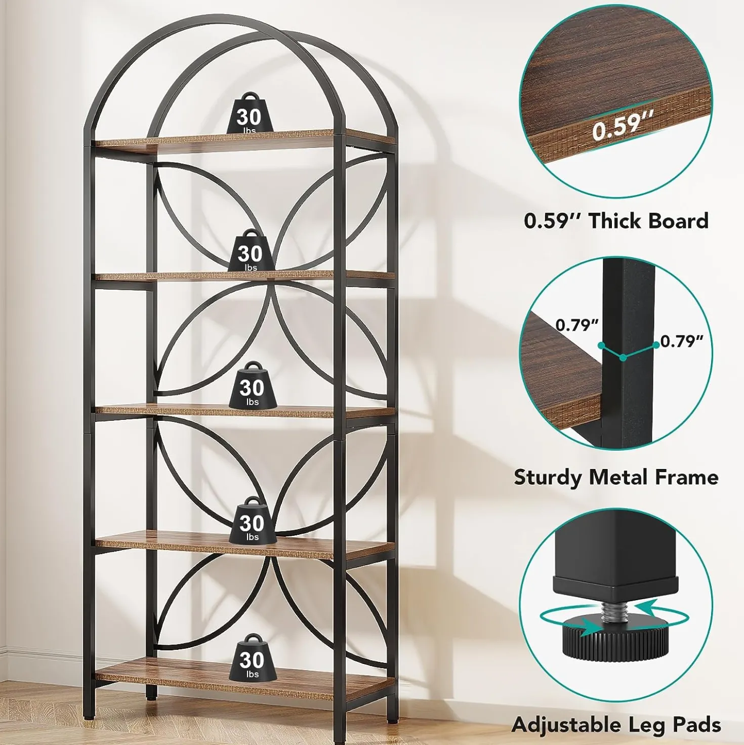 5-Tier Bookshelf, 75" Tall Arched Bookcase Display Rack