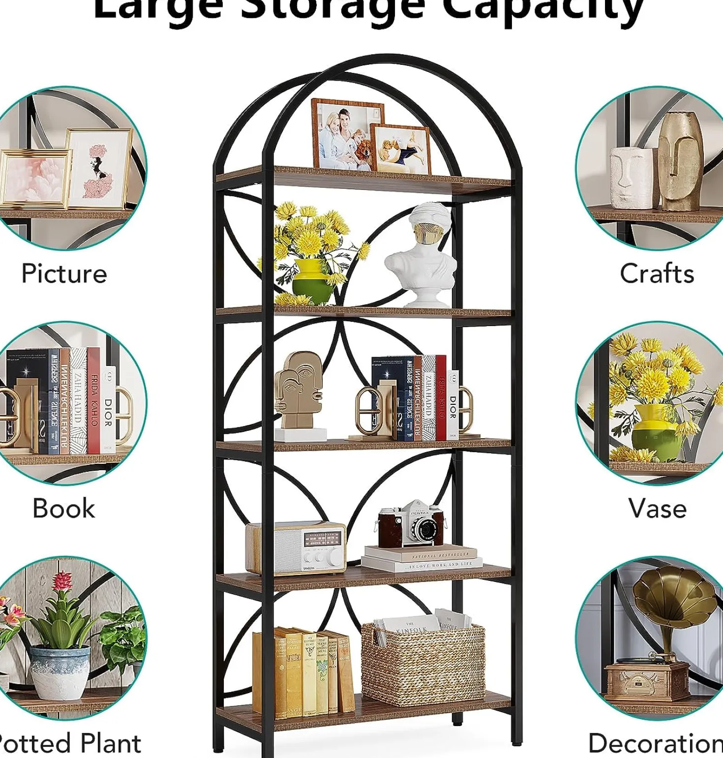 5-Tier Bookshelf, 75" Tall Arched Bookcase Display Rack