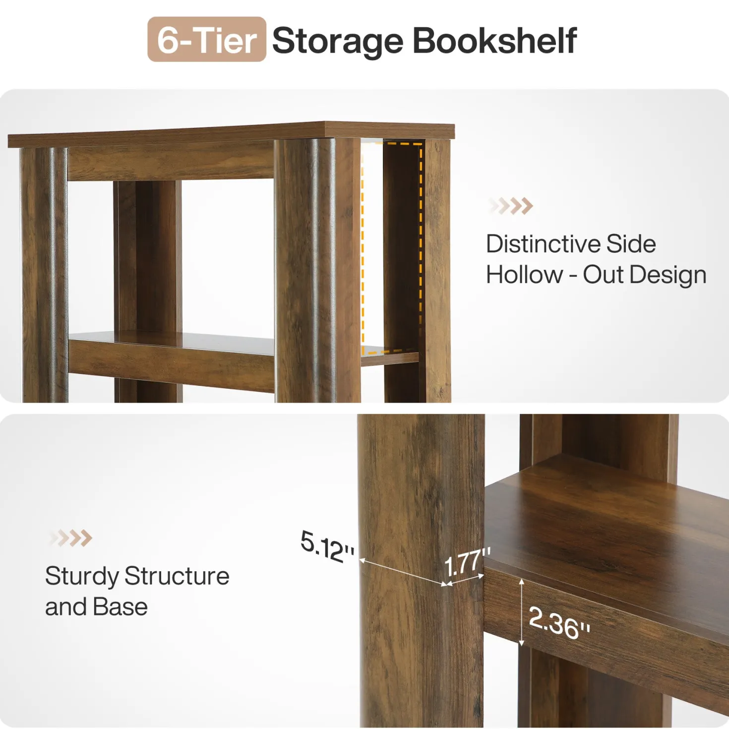 6-Tier Bookshelf, 71" Tall Bookcase Floor Standing Display Storage Shelves