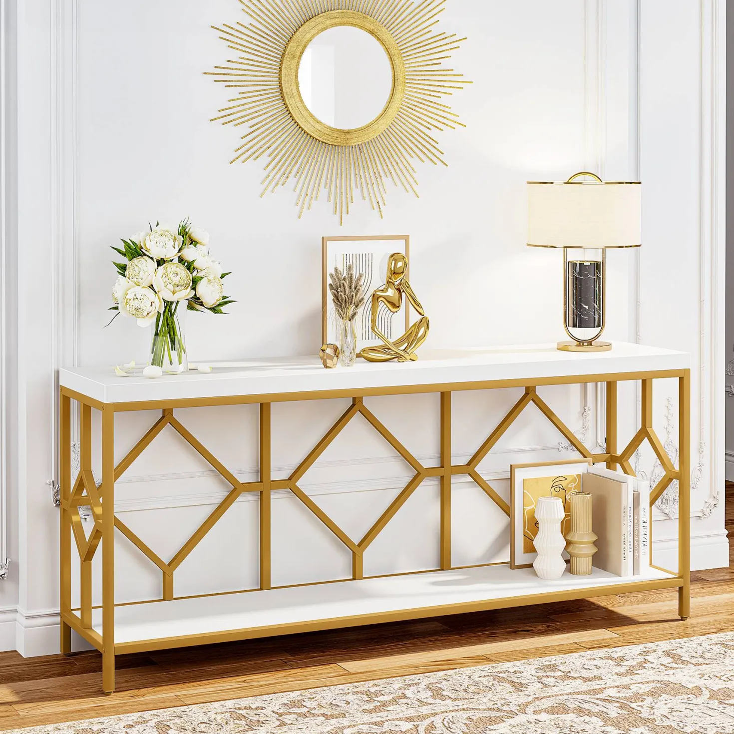 2-Tier Console Table, 71" Extra Long Sofa Table with Open Storage Shelf