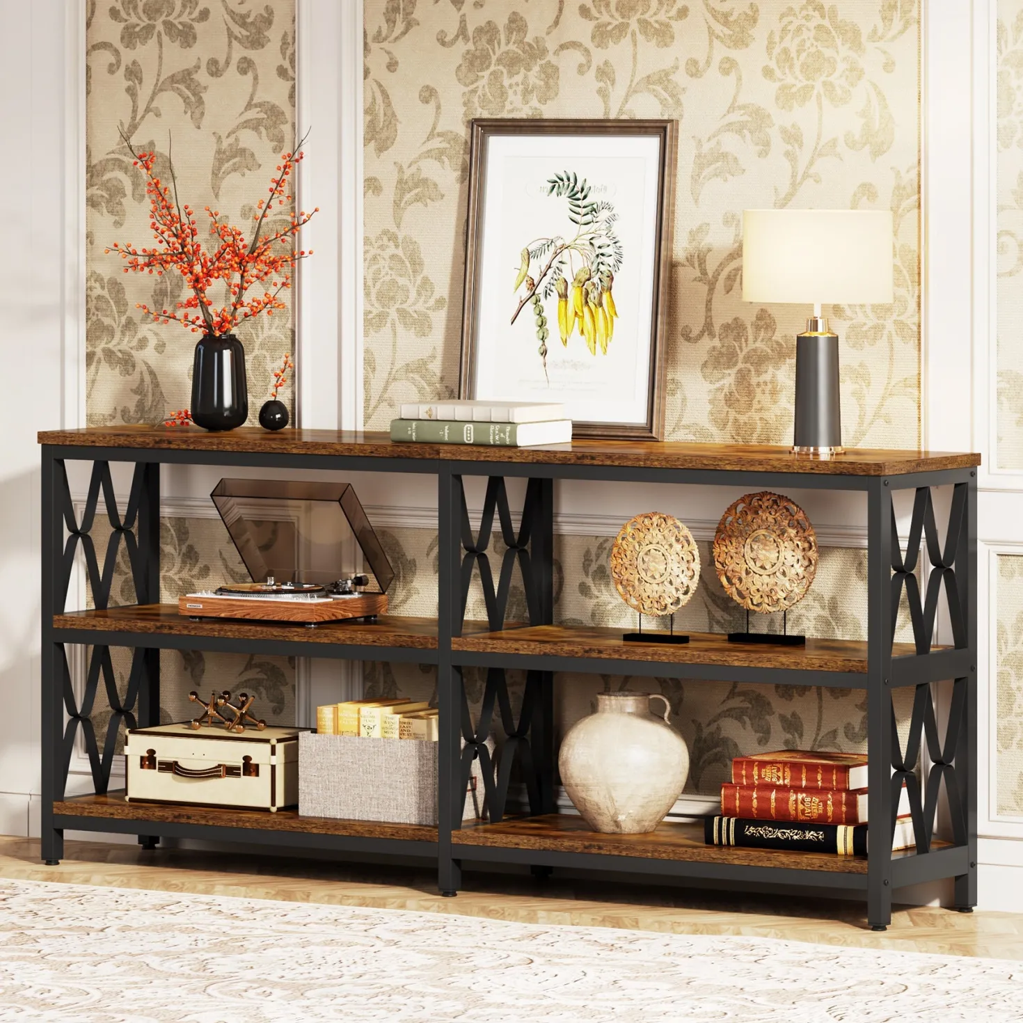 3-Tier Console Table, 70.9" Industrial Sofa Foyer Table for Living Room