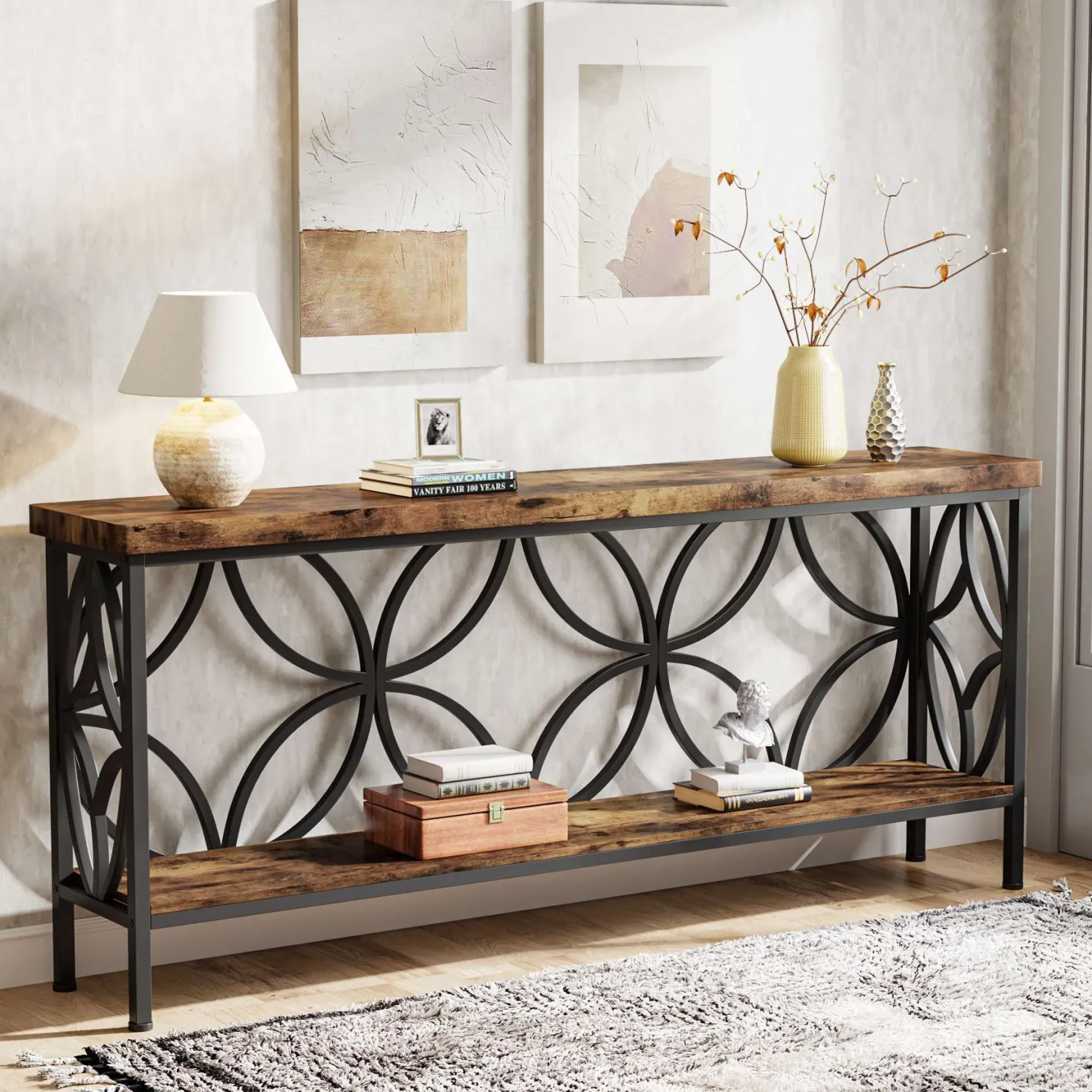 2-Tier Console Table, 70.9" Industrial Sofa Table Behind Couch