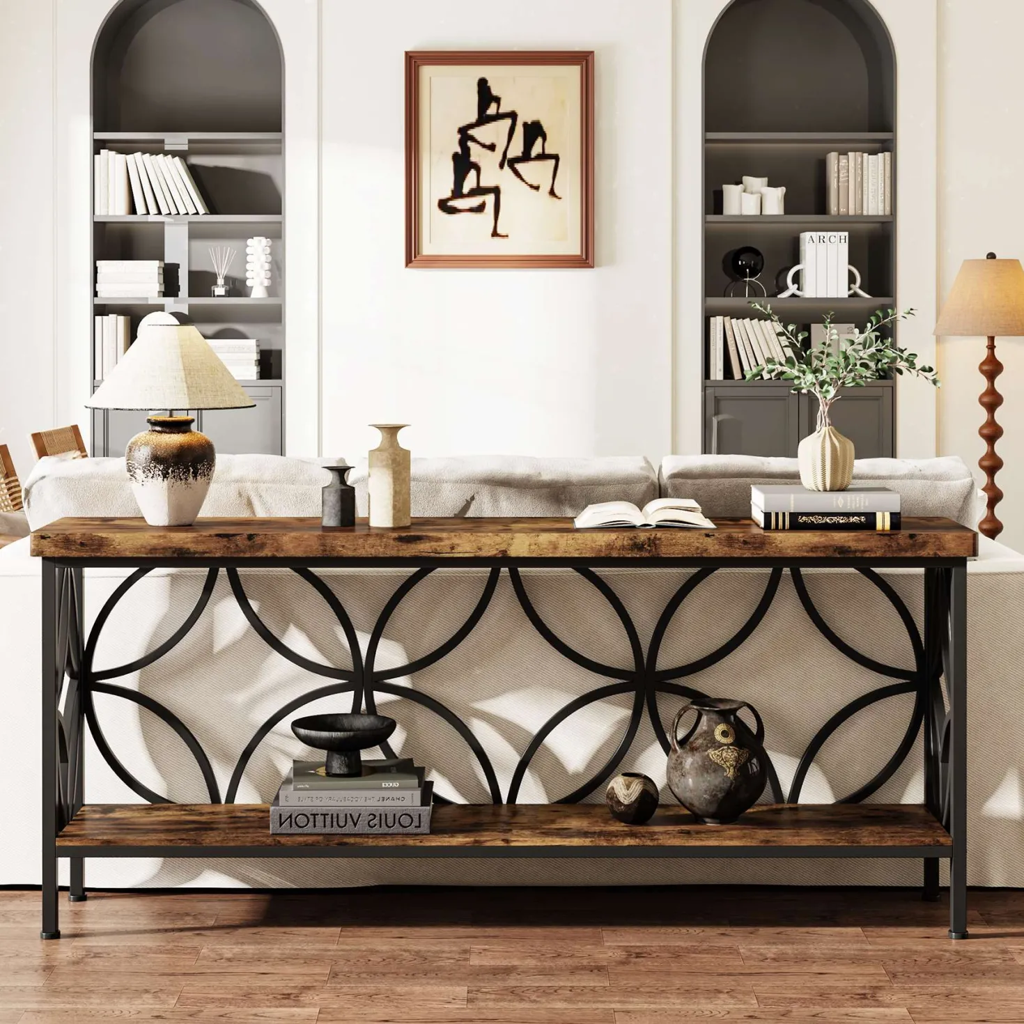 2-Tier Console Table, 70.9" Industrial Sofa Table Behind Couch