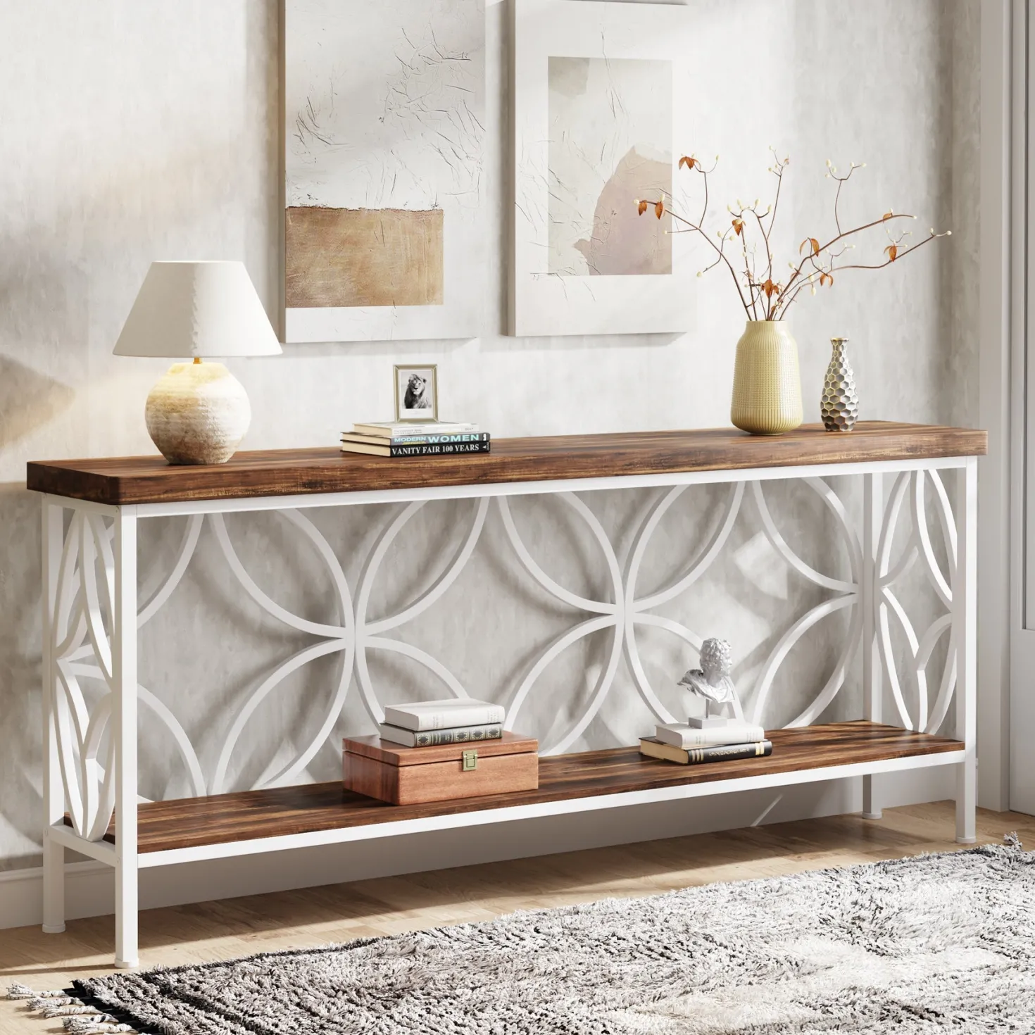 2-Tier Console Table, 70.9" Industrial Sofa Table Behind Couch