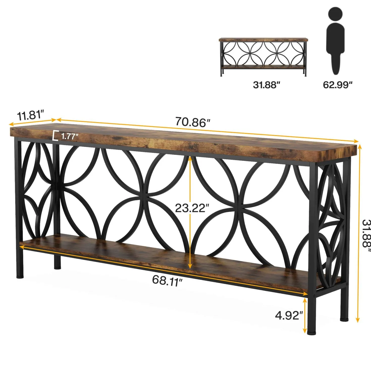 2-Tier Console Table, 70.9" Industrial Sofa Table Behind Couch