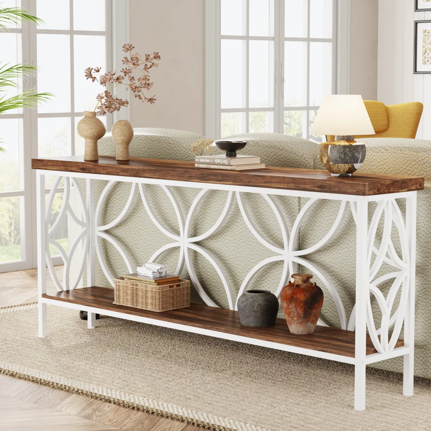2-Tier Console Table, 70.9" Industrial Sofa Table Behind Couch