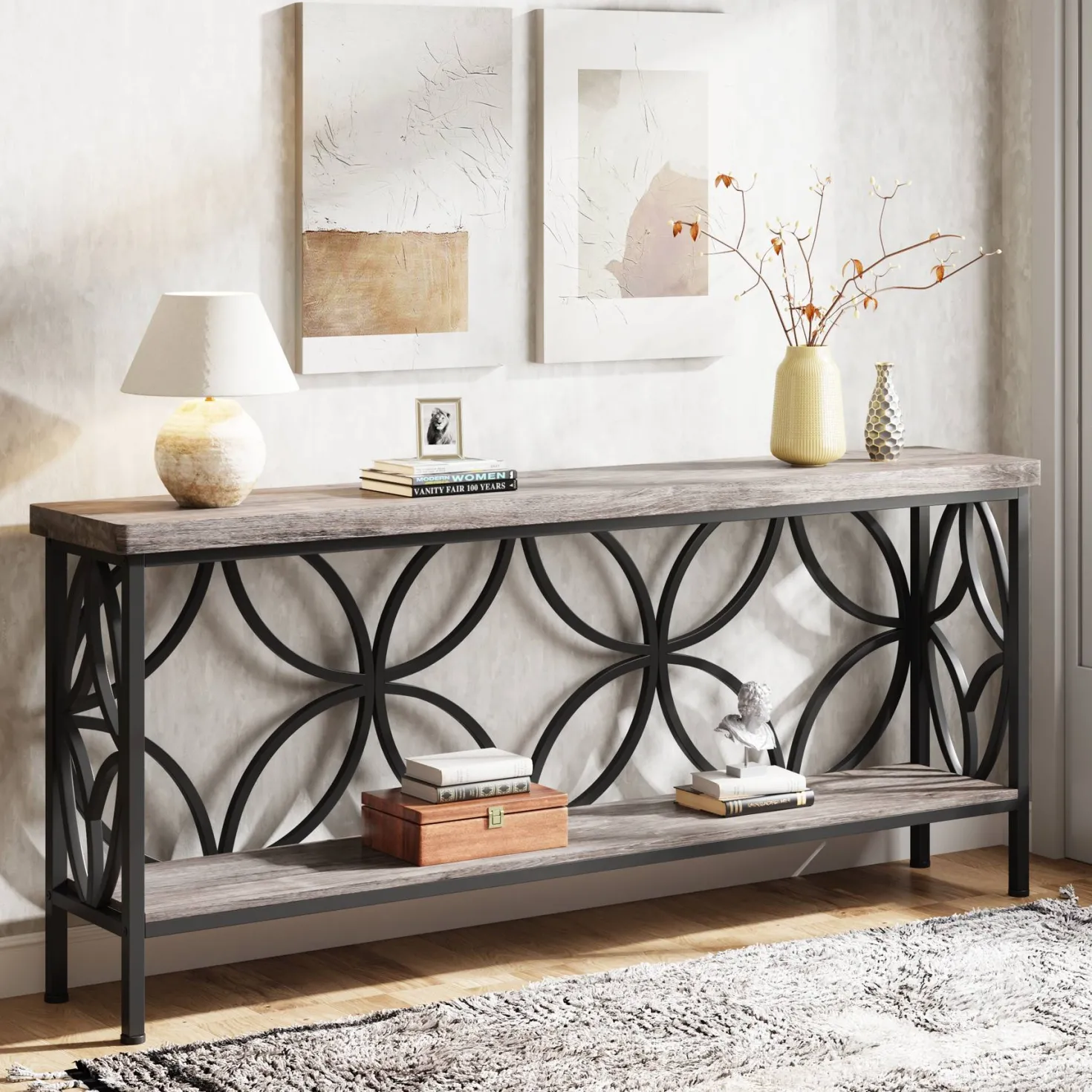 2-Tier Console Table, 70.9" Industrial Sofa Table Behind Couch