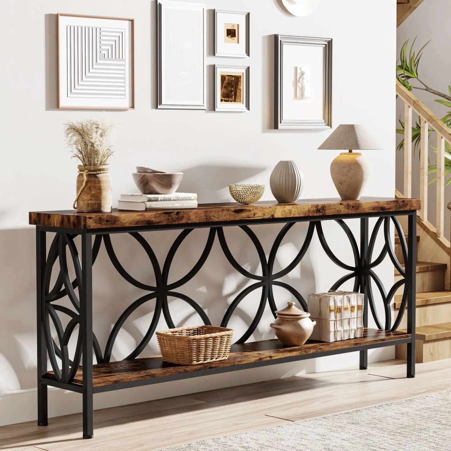 2-Tier Console Table, 70.9" Industrial Sofa Table Behind Couch