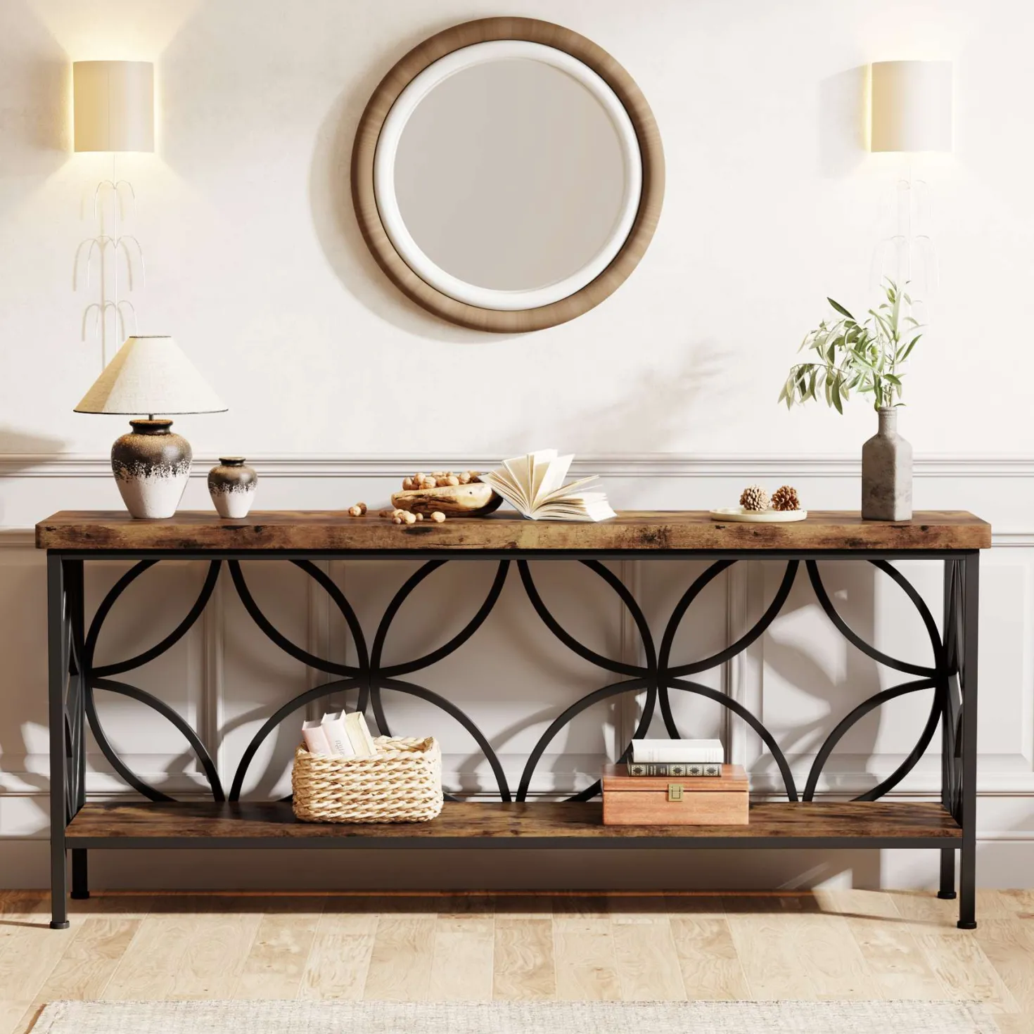 2-Tier Console Table, 70.9" Industrial Sofa Table Behind Couch