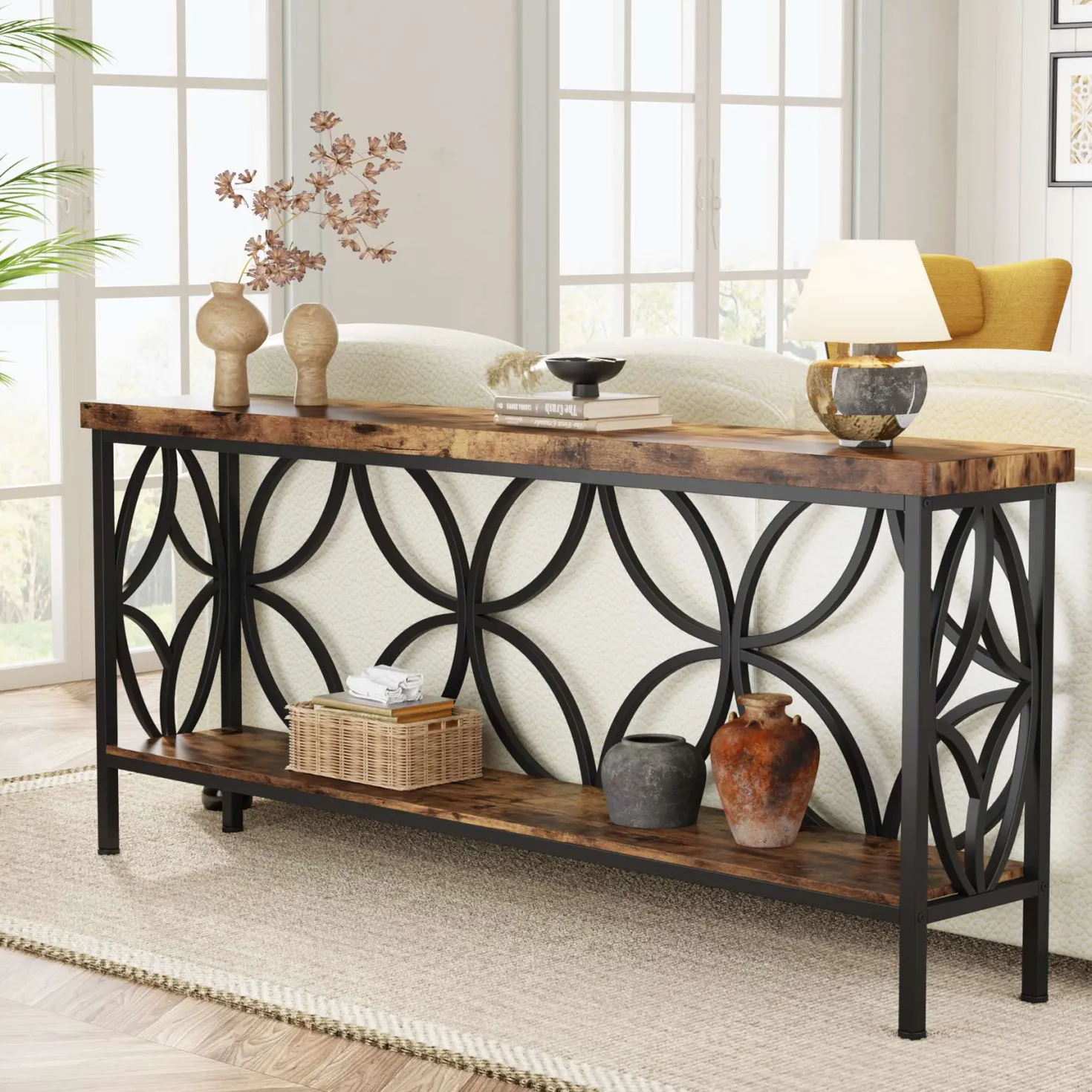 2-Tier Console Table, 70.9" Industrial Sofa Table Behind Couch