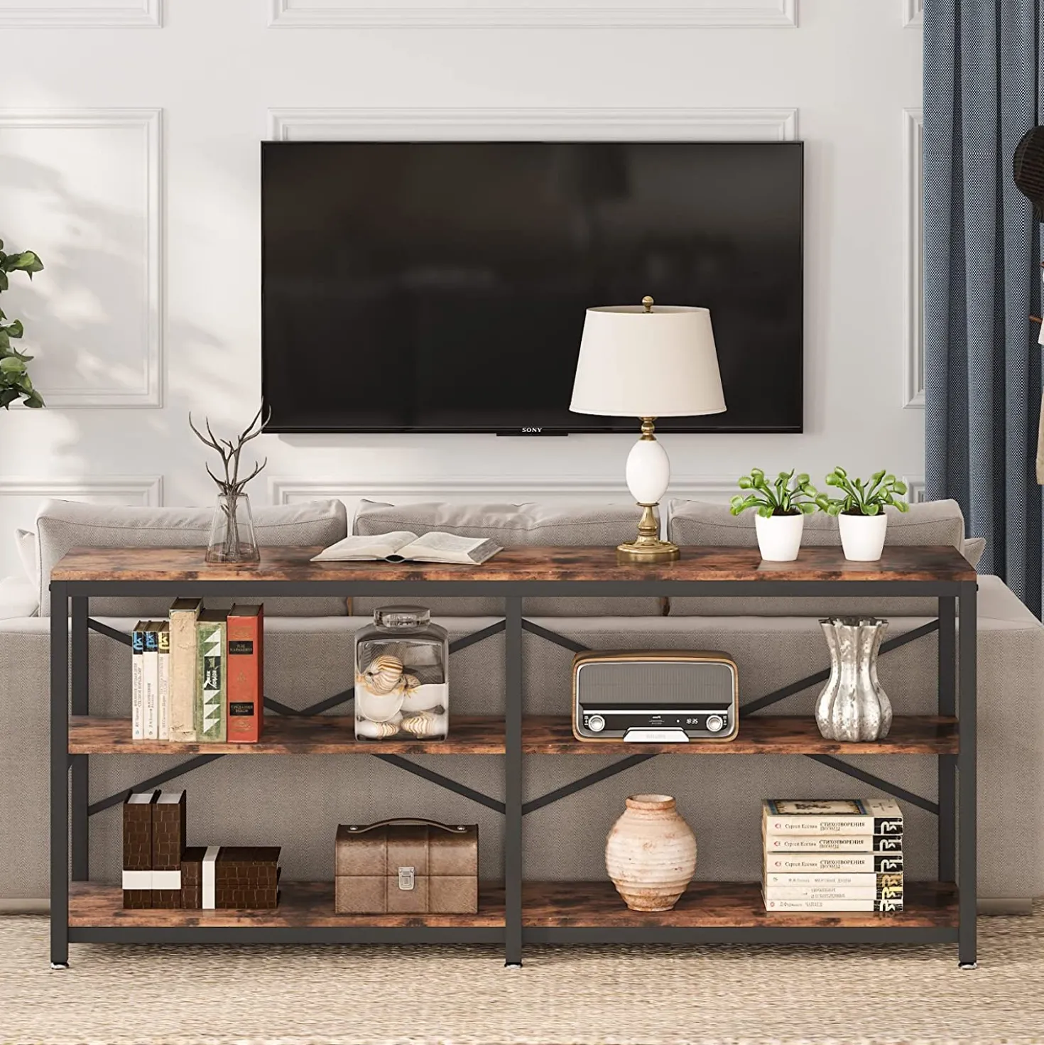 3-Tier Console Table, 70.9" Long Foyer Sofa Table with Storage Shelves