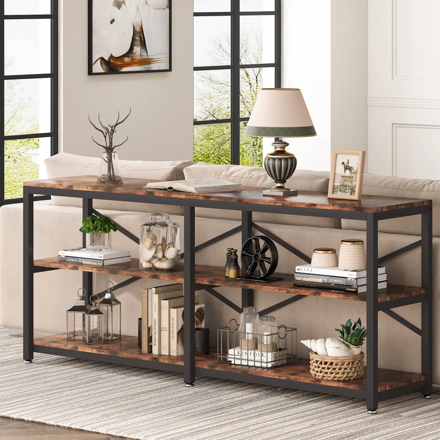 3-Tier Console Table, 70.9" Long Foyer Sofa Table with Storage Shelves