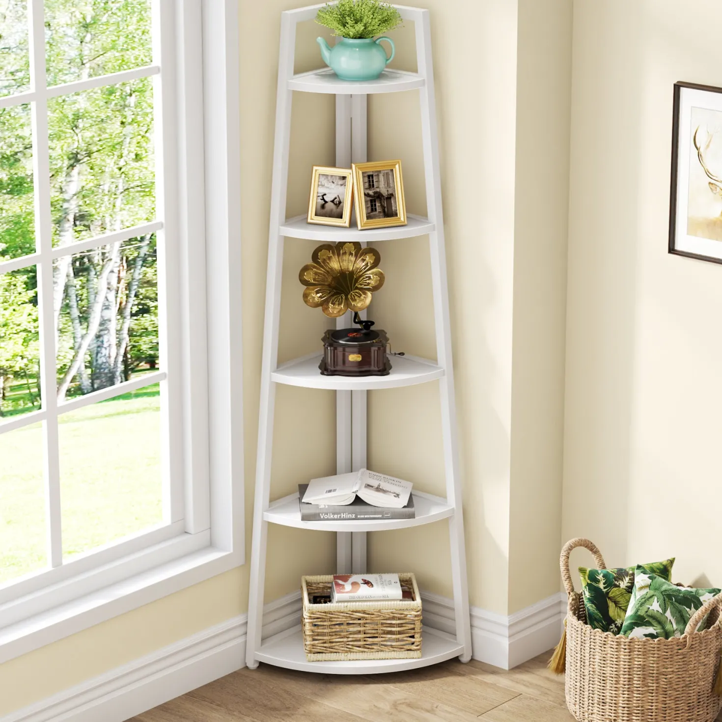 5-Tier Corner Bookshelf, 70" Tall Corner Shelves Plant Stand for Living Room