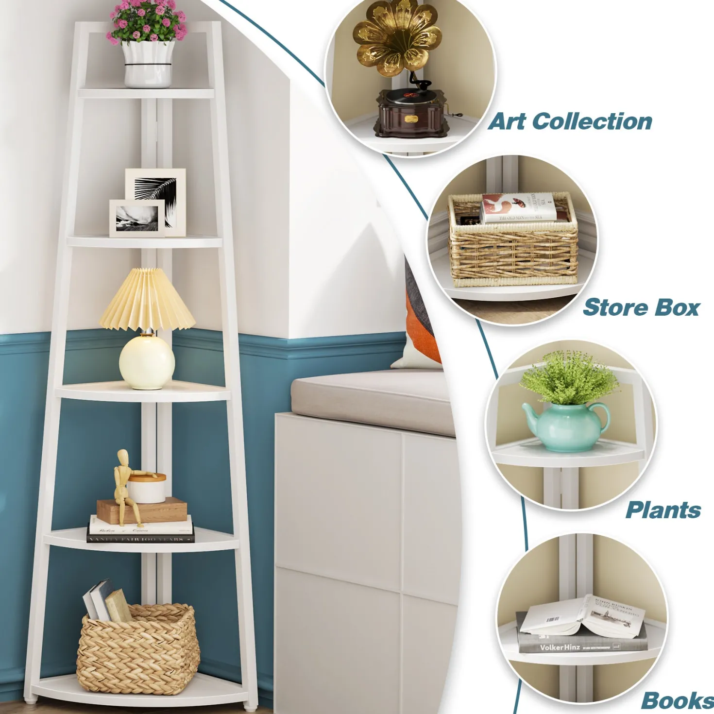 5-Tier Corner Bookshelf, 70" Tall Corner Shelves Plant Stand for Living Room