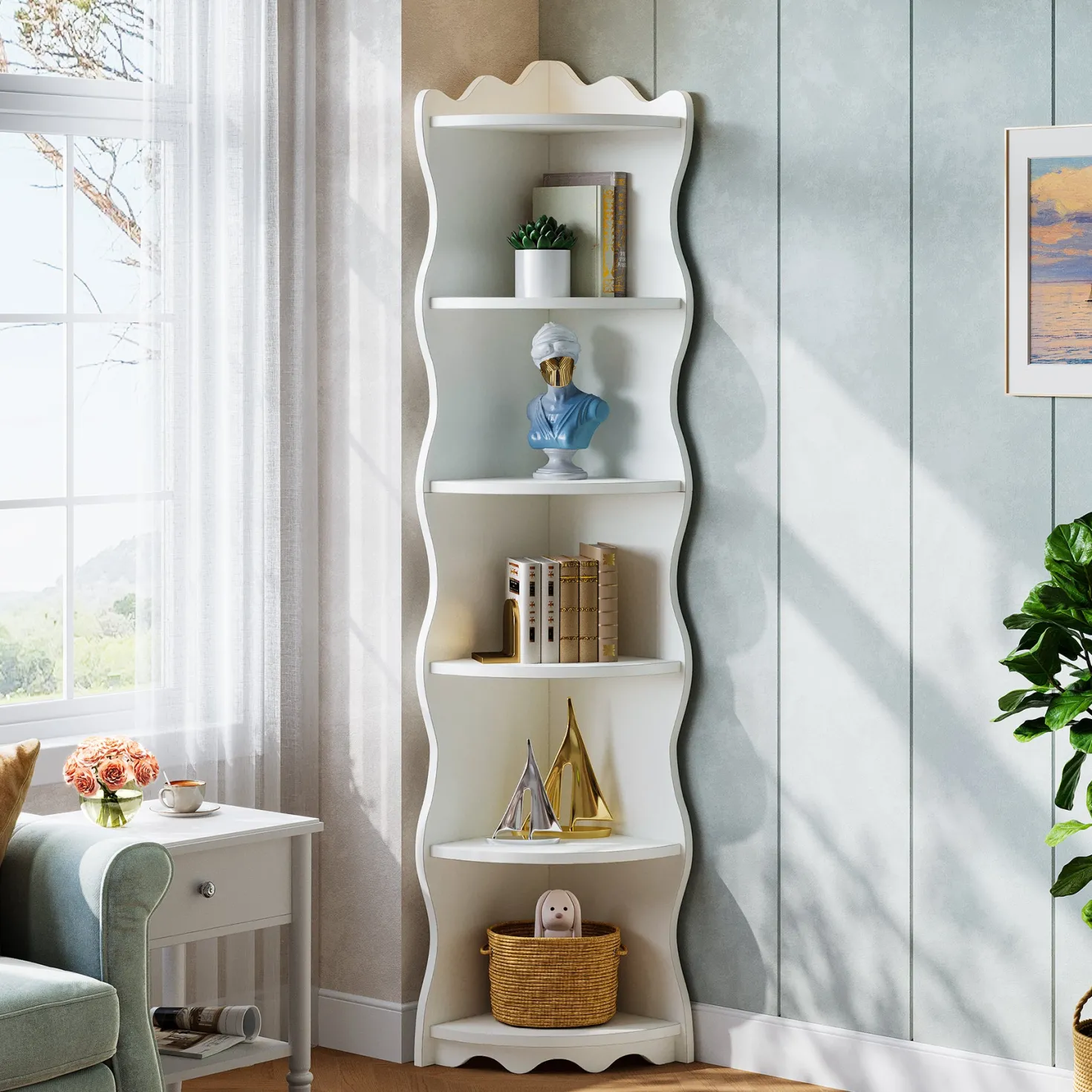5-Tier Corner Shelf, 70.8" Corner Bookshelf Wavy Shaped Display Rack