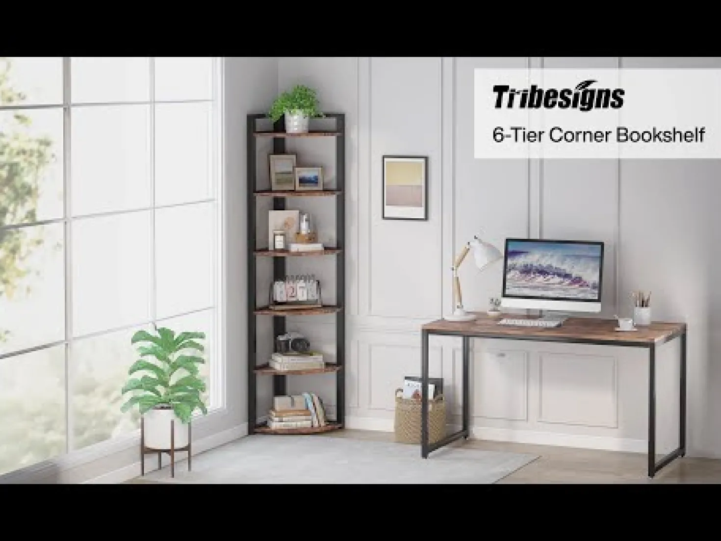 6-Tier Corner Shelf, 70.9 Inch Tall Corner Bookshelf Small Bookcase Rustic Corner Shelving Unit Storage Rack
