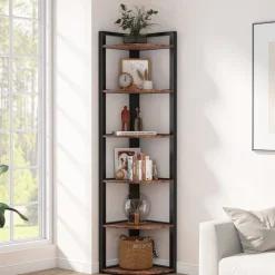 6-Tier Corner Shelf, 70.9 Inch Tall Corner Bookshelf Small Bookcase Rustic Corner Shelving Unit Storage Rack