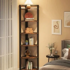 6-Tier Corner Shelf, 70.9 Inch Tall Corner Bookshelf Small Bookcase Rustic Corner Shelving Unit Storage Rack