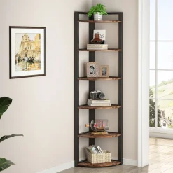 6-Tier Corner Shelf, 70.9 Inch Tall Corner Bookshelf Small Bookcase Rustic Corner Shelving Unit Storage Rack