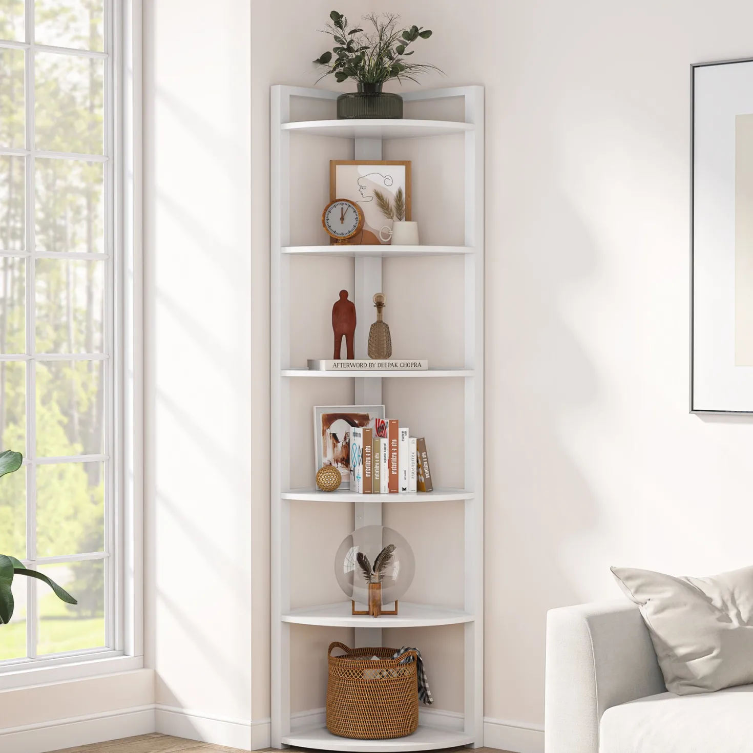 6-Tier Corner Shelf, 70.9 Inch Tall Corner Bookshelf Small Bookcase Rustic Corner Shelving Unit Storage Rack