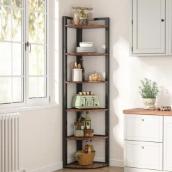 6-Tier Corner Shelf, 70.9 Inch Tall Corner Bookshelf Small Bookcase Rustic Corner Shelving Unit Storage Rack