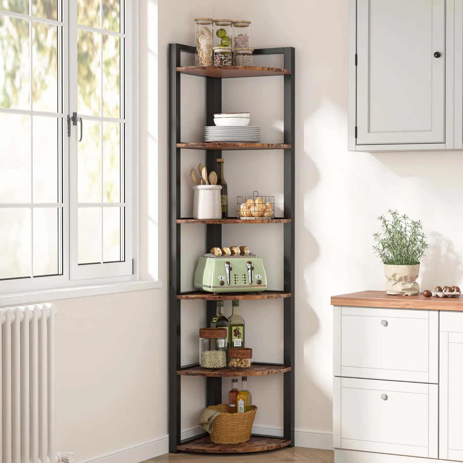 6-Tier Corner Shelf, 70.9 Inch Tall Corner Bookshelf Small Bookcase Rustic Corner Shelving Unit Storage Rack