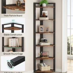 6-Tier Corner Shelf, 70.9 Inch Tall Corner Bookshelf Small Bookcase Rustic Corner Shelving Unit Storage Rack