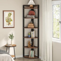 6-Tier Corner Shelf, 70.9 Inch Tall Corner Bookshelf Small Bookcase Rustic Corner Shelving Unit Storage Rack