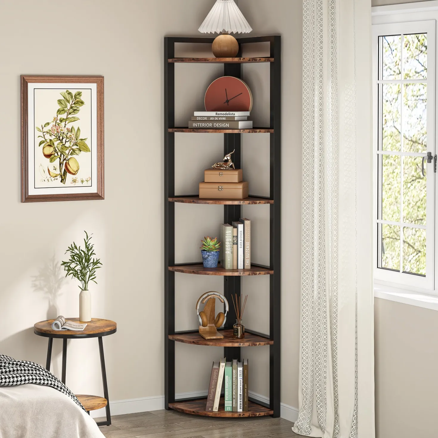 6-Tier Corner Shelf, 70.9 Inch Tall Corner Bookshelf Small Bookcase Rustic Corner Shelving Unit Storage Rack