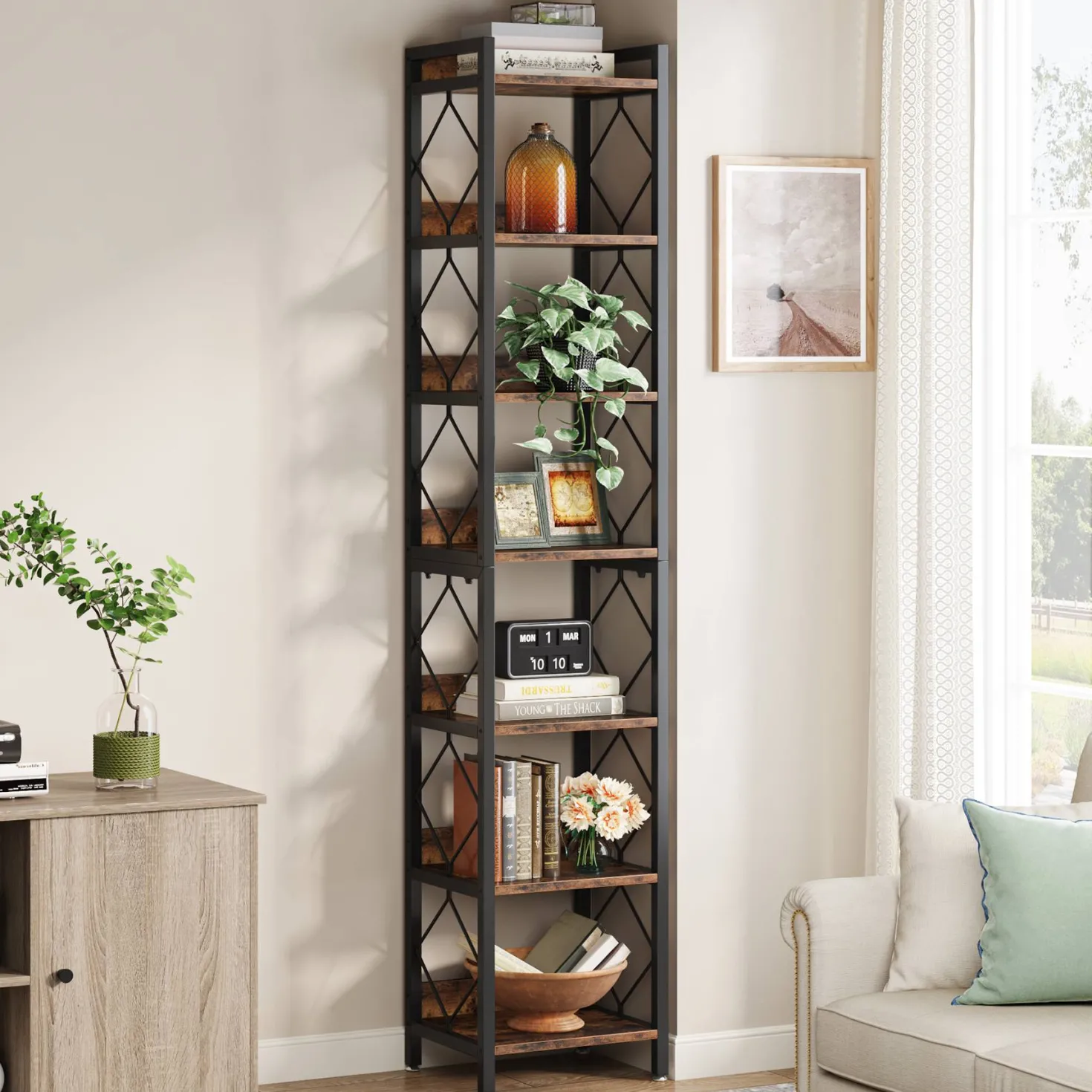 7-Tier Corner Shelf, 78.7" Narrow Bookshelf Corner Bookcase