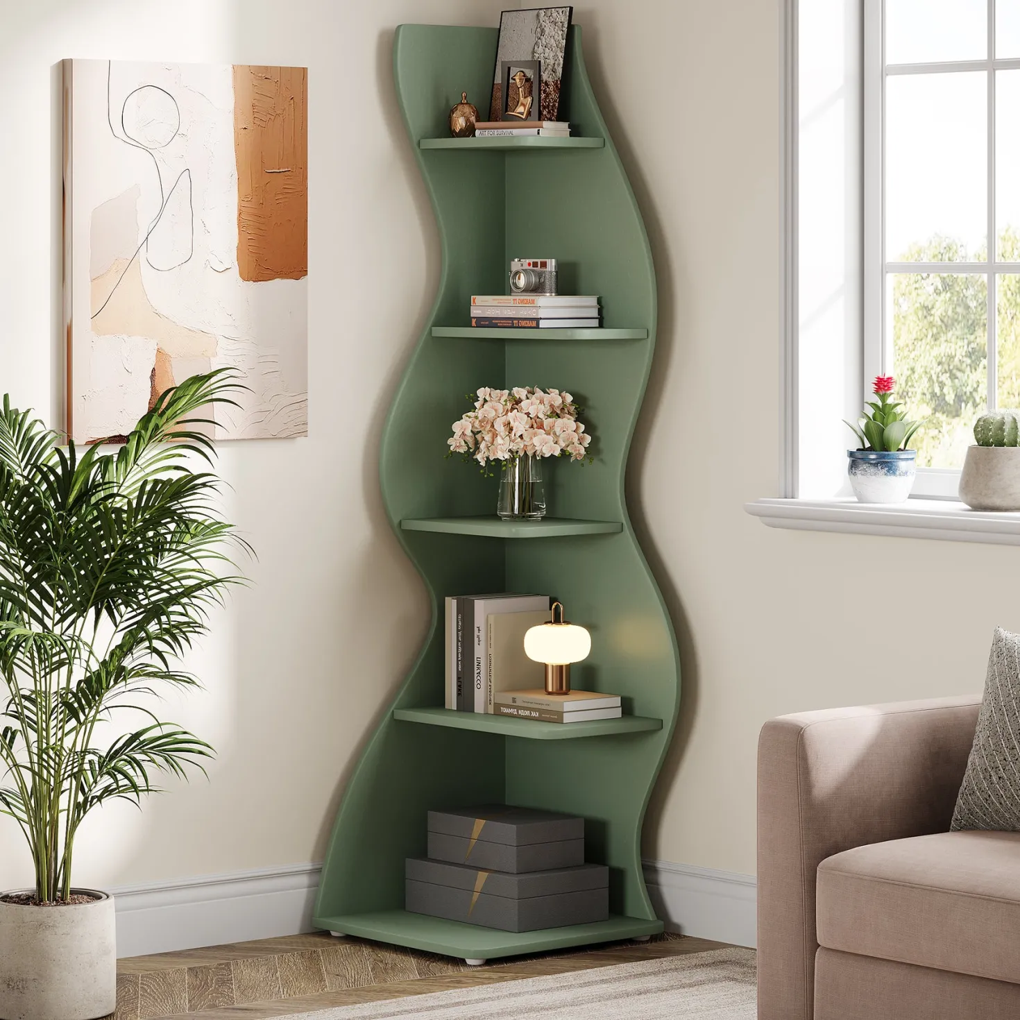 5-Tier Corner Shelf, Wavy Bookshelf Bookcase Display Rack for Home Office