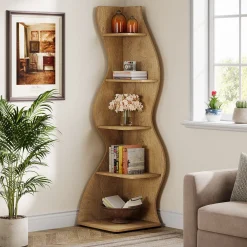 5-Tier Corner Shelf, Wavy Bookshelf Bookcase Display Rack for Home Office