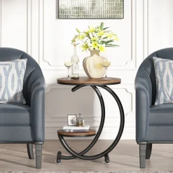 2-Tier End Table, Small Accent Side Table with C-Shaped Frame