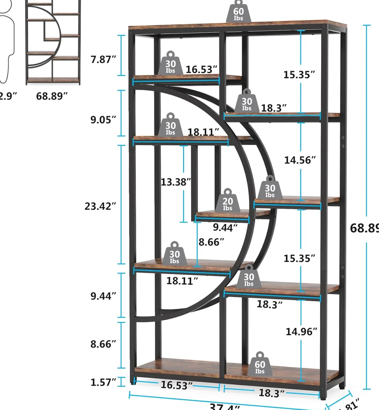 5-Tier Etagere Bookshelf, 68.9" Bookcase with 9 Open Shelves