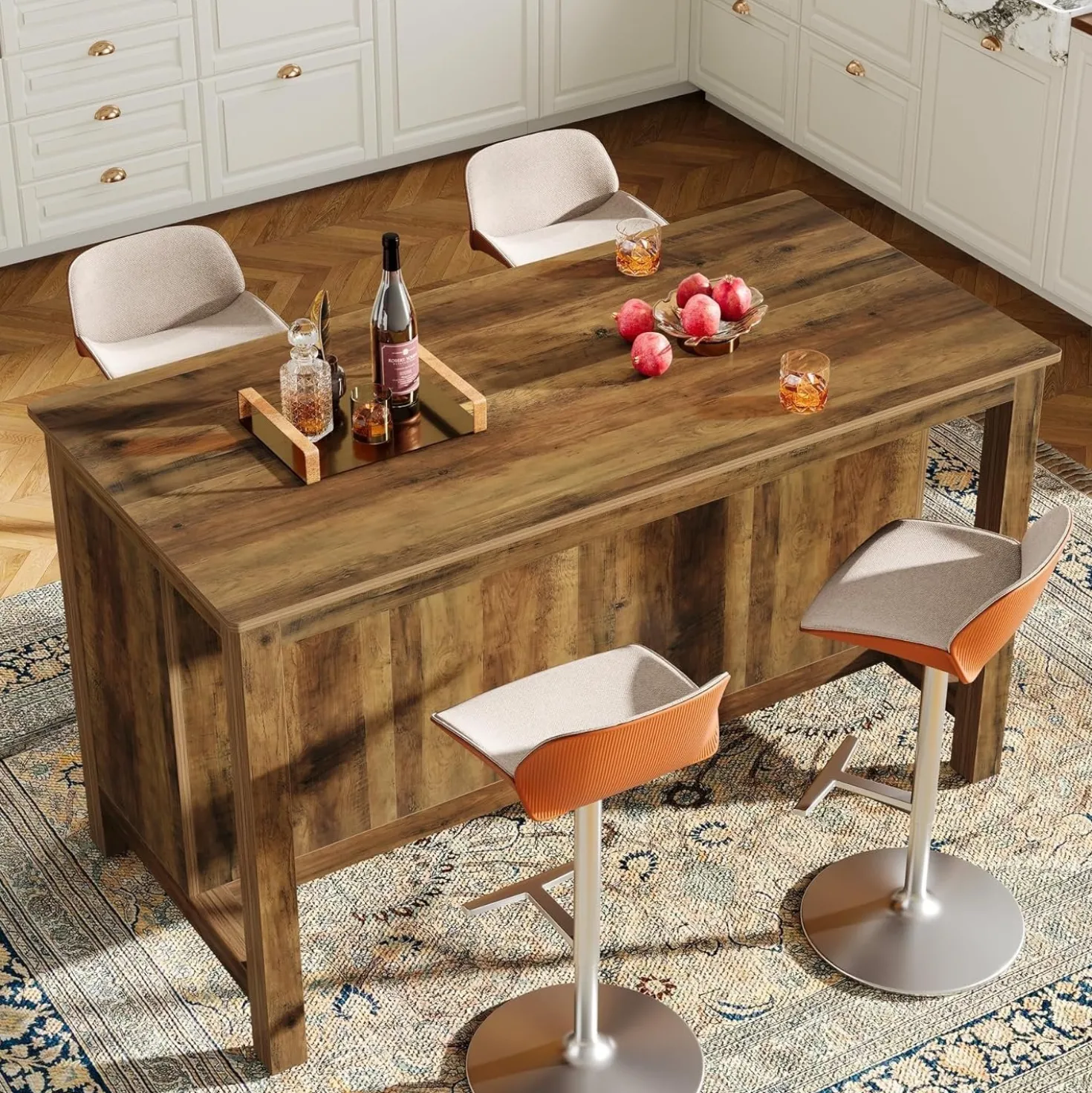 3-Tier Home Bar Table Unit, 59" Counter Height Pub Table with Storage Shelves