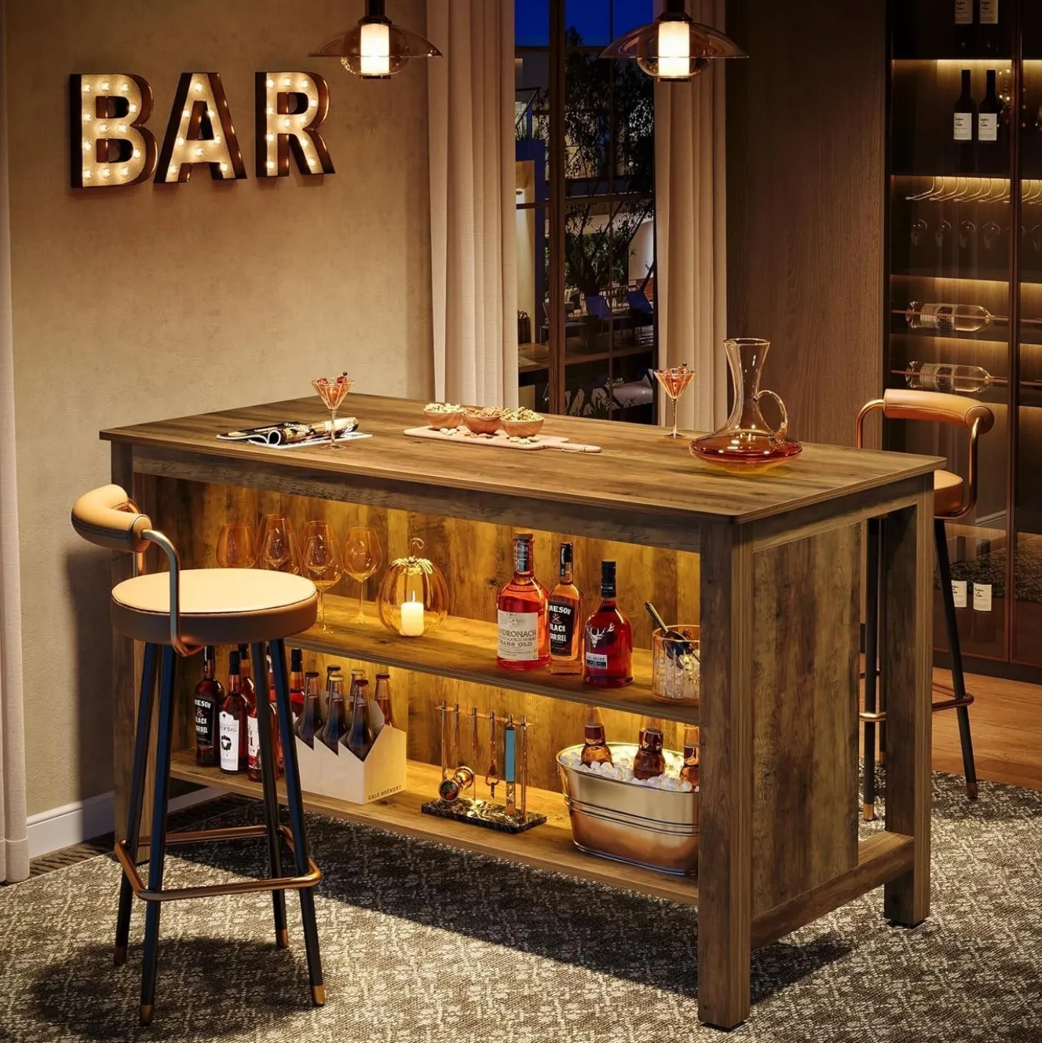 3-Tier Home Bar Table Unit, 59" Counter Height Pub Table with Storage Shelves