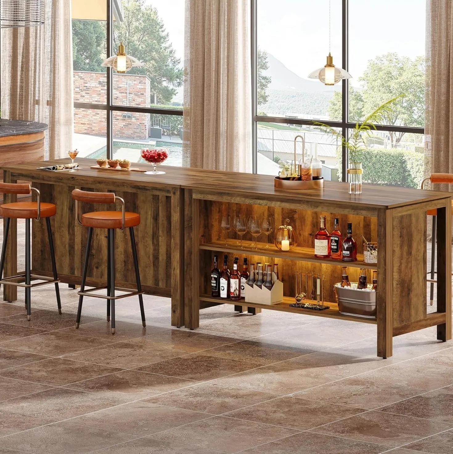 3-Tier Home Bar Table Unit, 59" Counter Height Pub Table with Storage Shelves