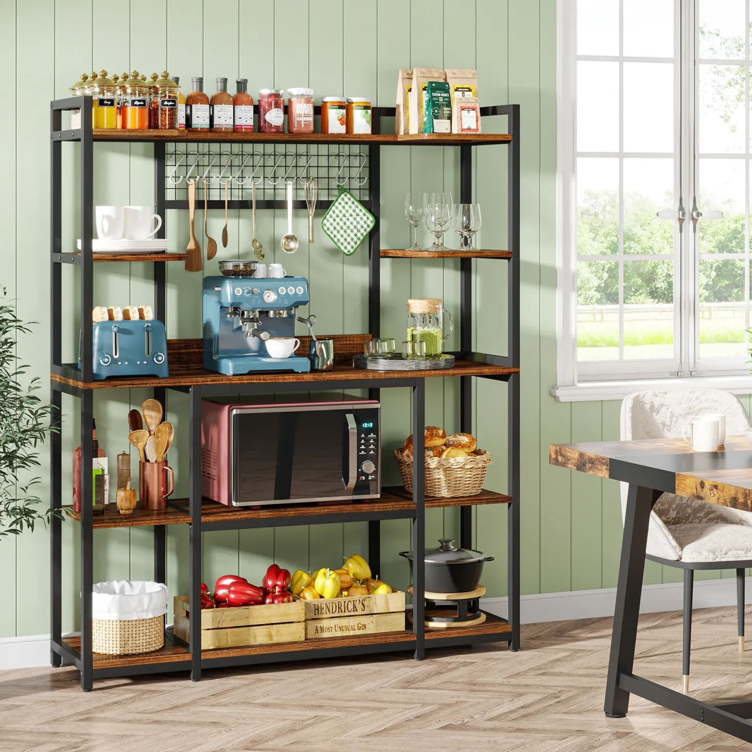 5-Tier Kitchen Baker's Rack, 55" Wide Kitchen Storage Shelf with 11 Hooks