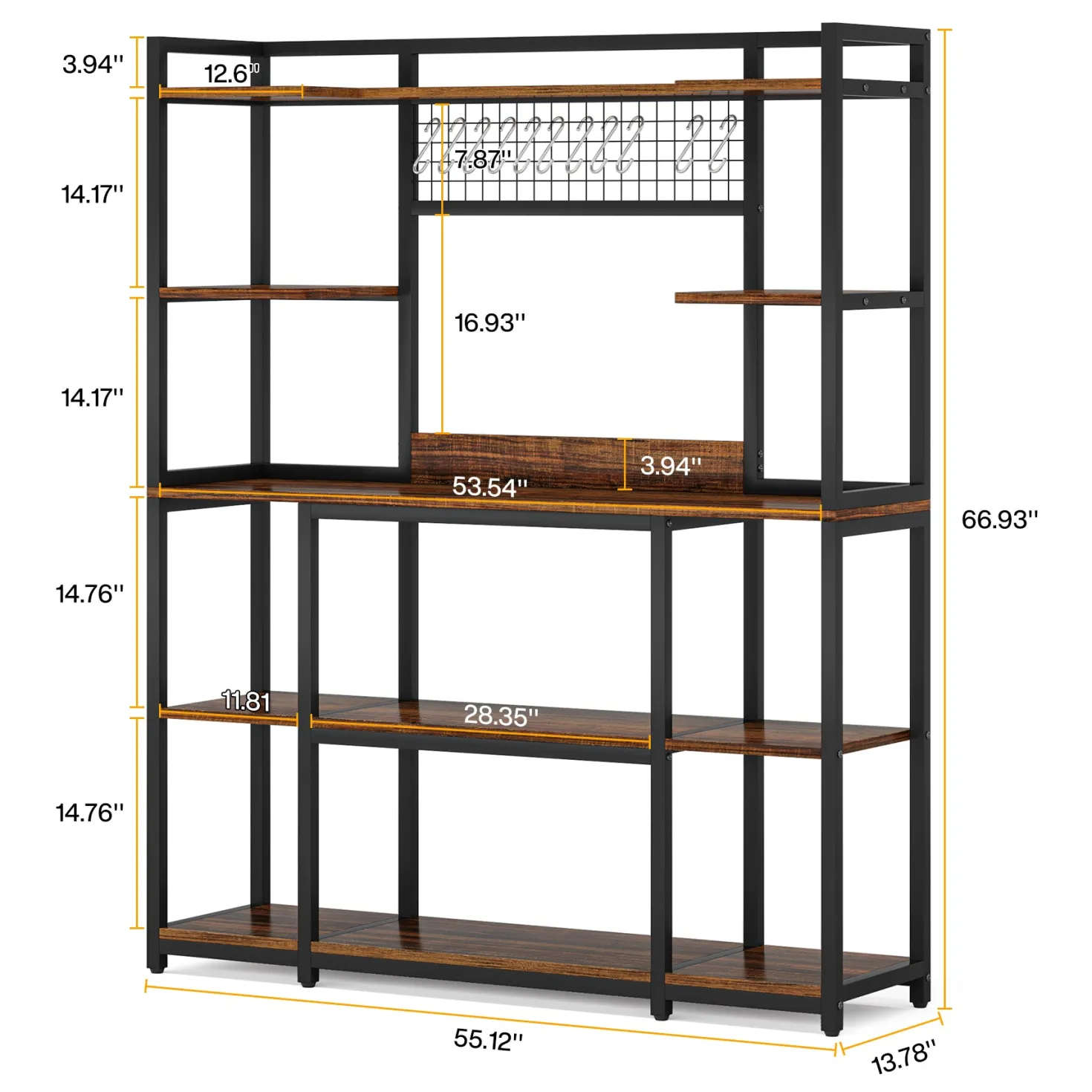 5-Tier Kitchen Baker's Rack, 55" Wide Kitchen Storage Shelf with 11 Hooks