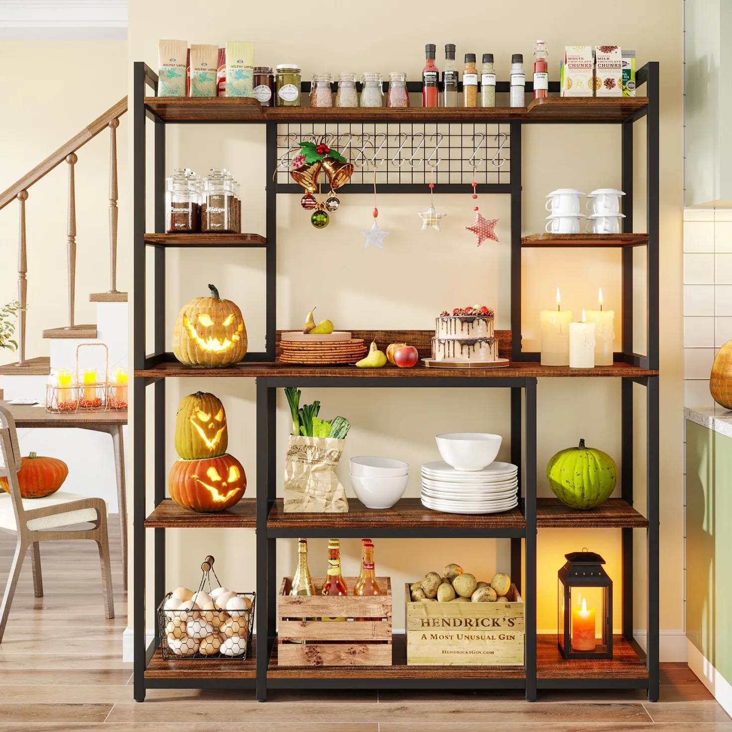 5-Tier Kitchen Baker's Rack, 55" Wide Kitchen Storage Shelf with 11 Hooks